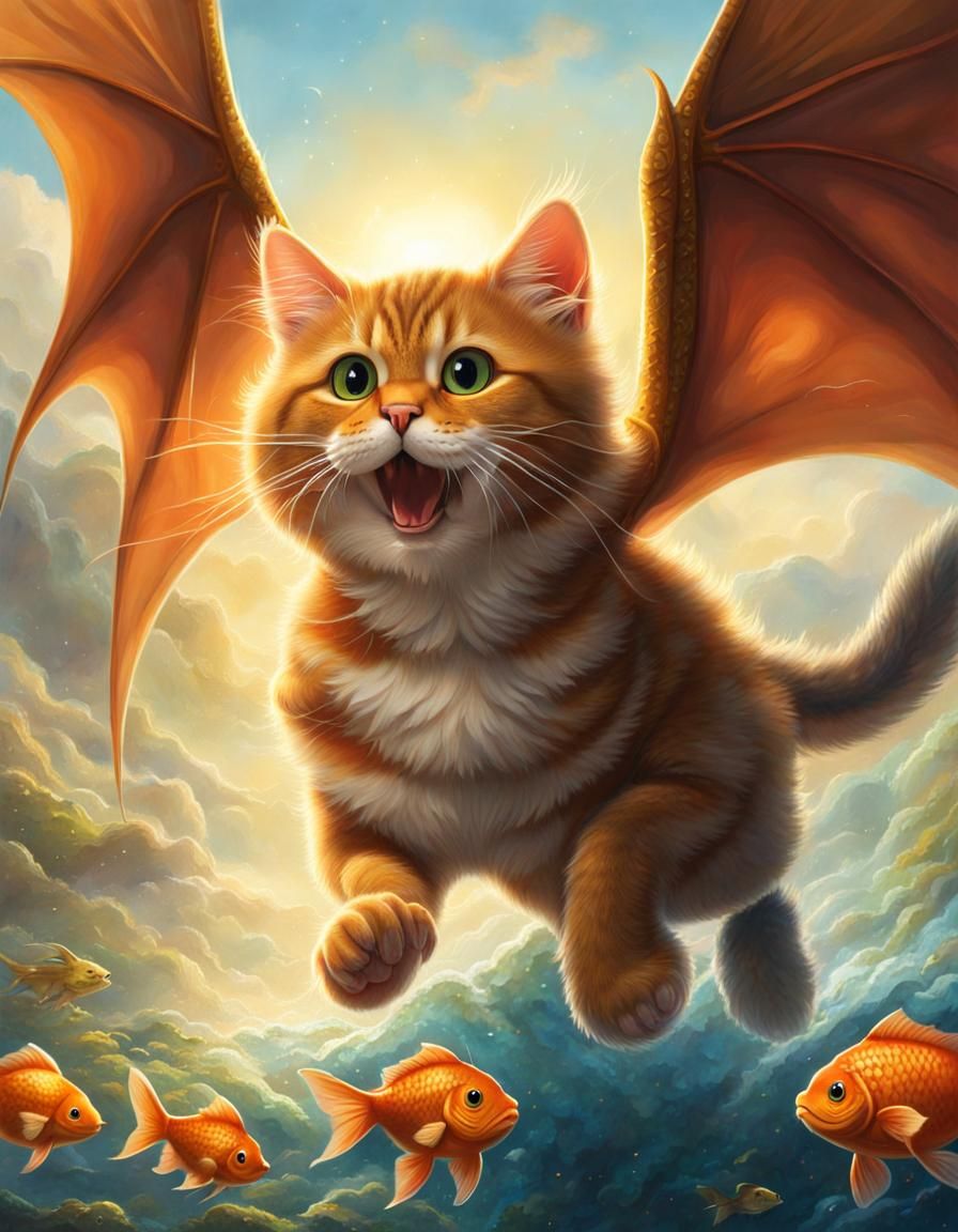 Dragon-Winged Cat Roars at Goldfish
