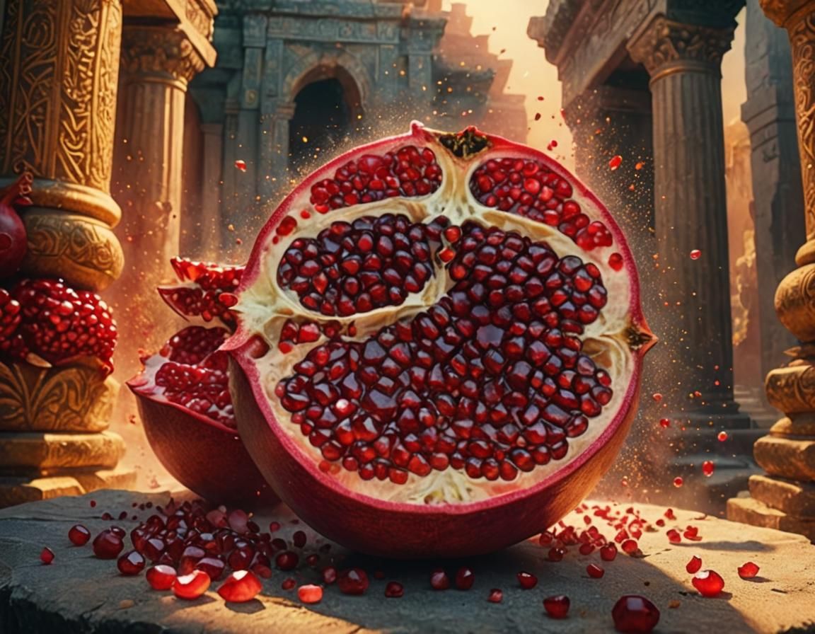 Pomegranate Seeds Bursting in Ancient Temple