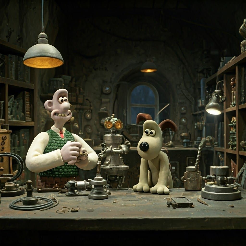 Wallace and Gromit inventing a robot