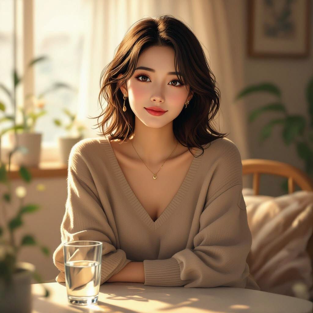 Serene Woman with Water Glass, Digital Art