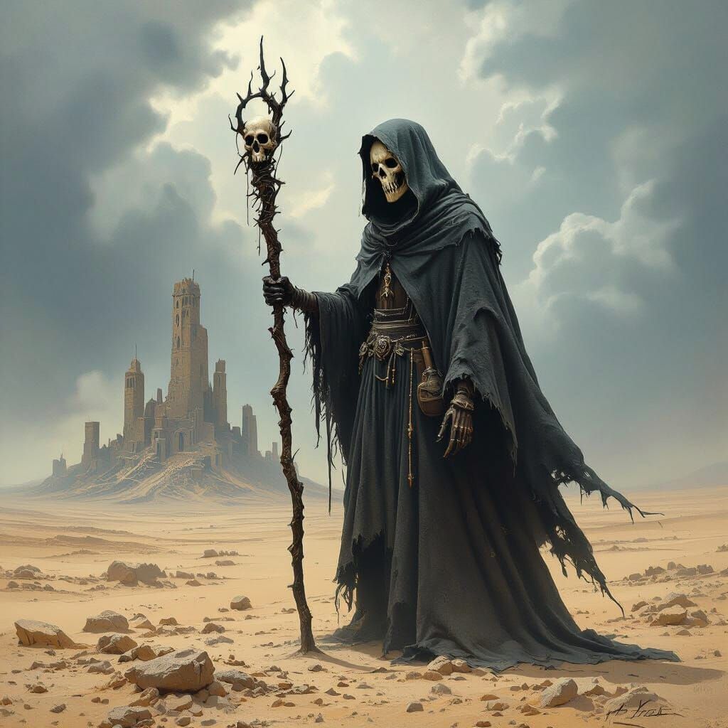 Desolate Wasteland: Cloaked Figure in Dark Fantasy Style