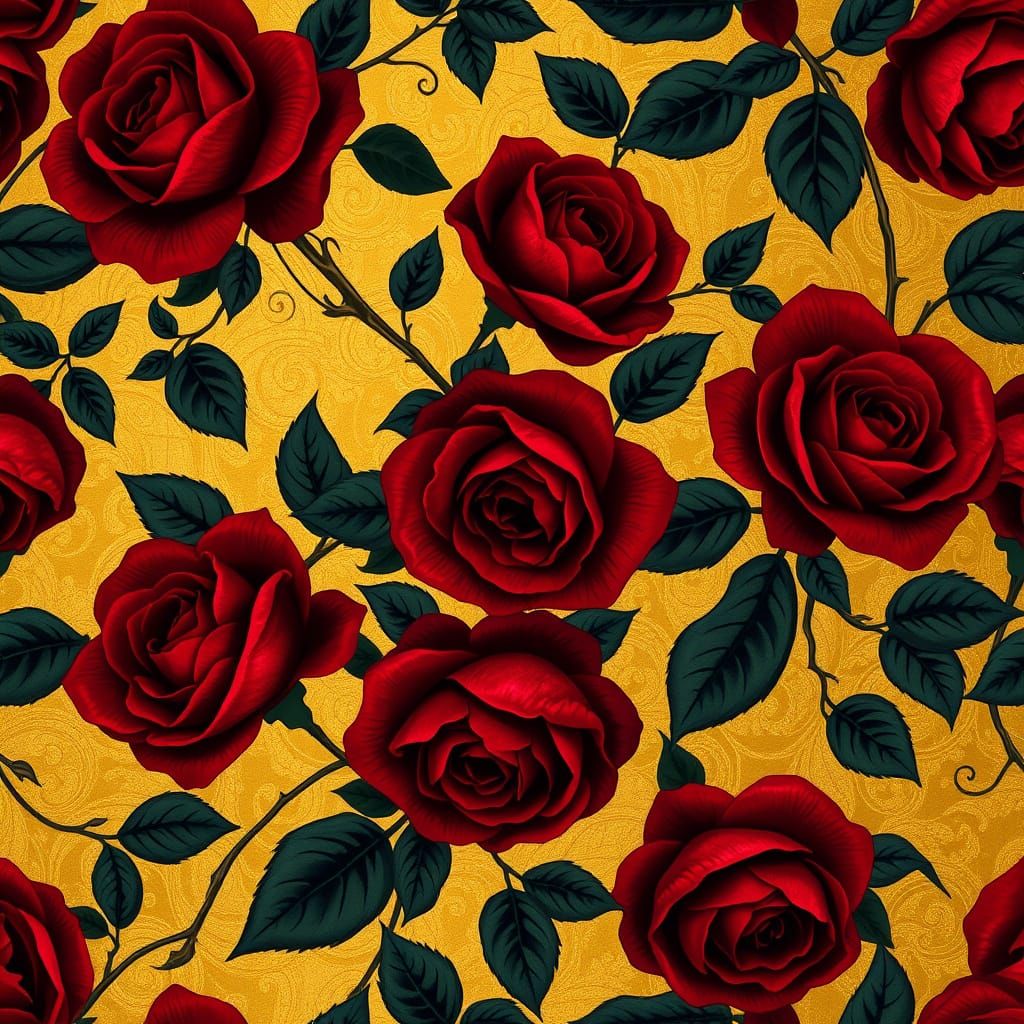 Luxurious Dark Red Roses in Gold Baroque Style Wallpaper