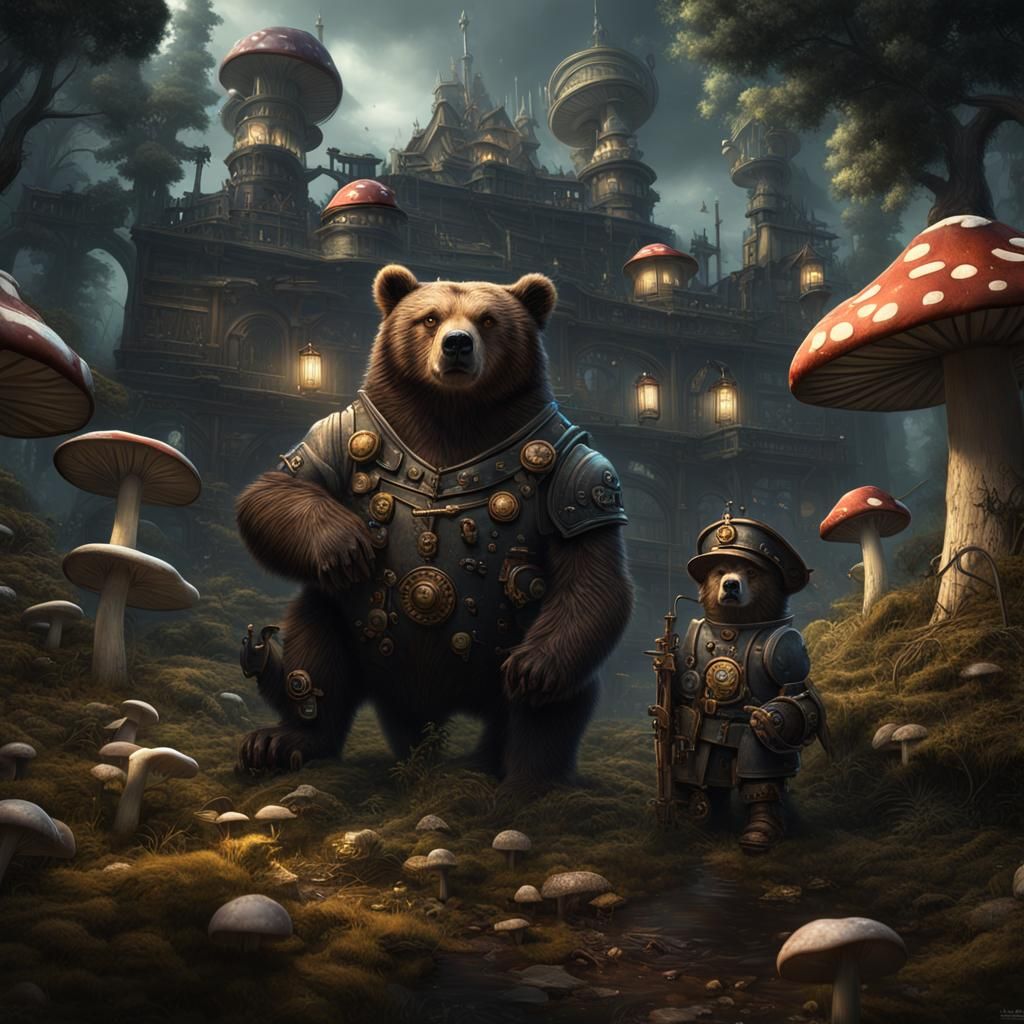 Steampunk Mushroom Bear in Dark Fantasy Art