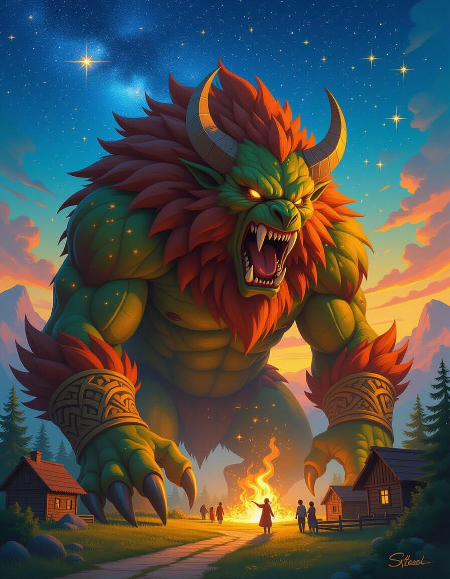 Protective Creature Guards Village in Surrealist Style