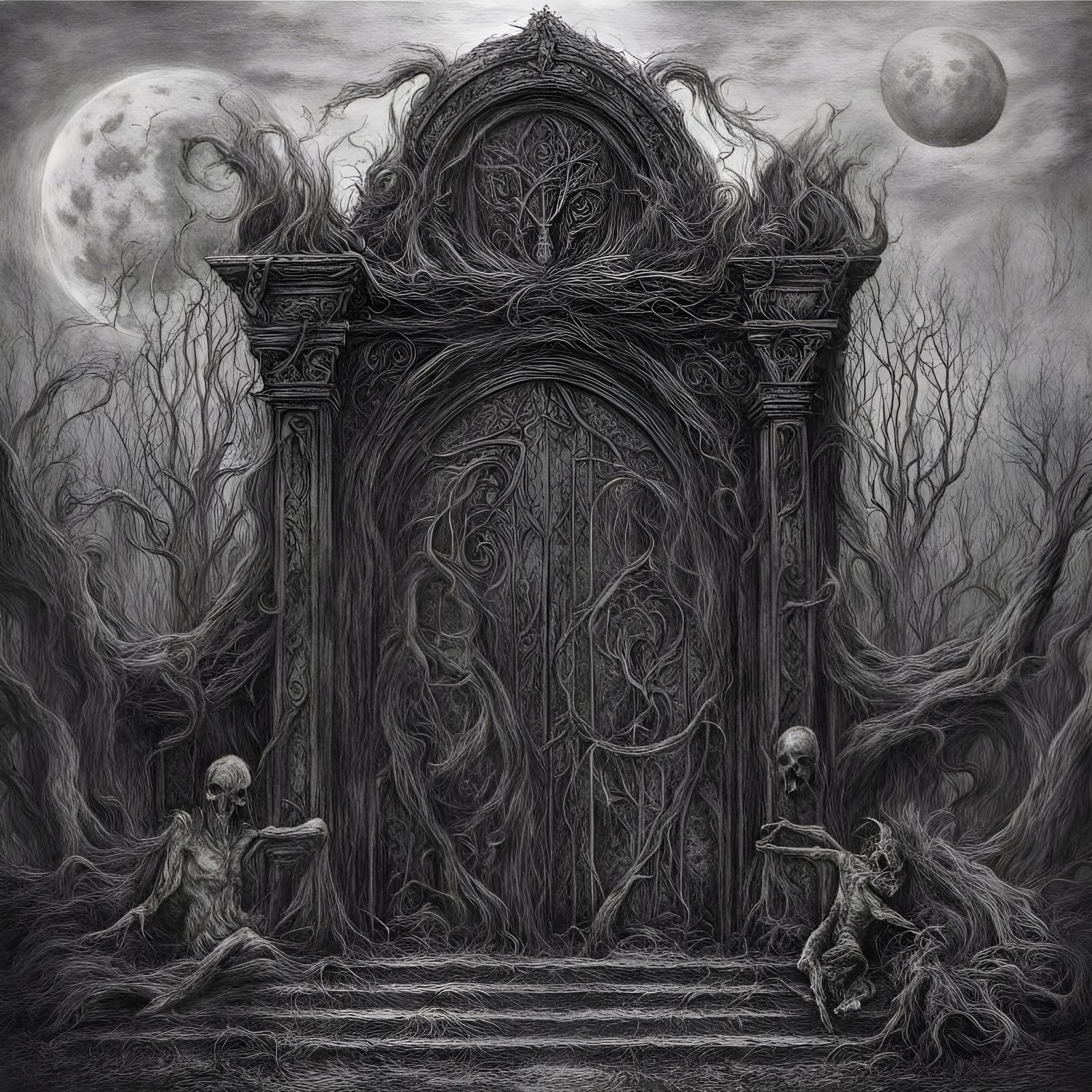 Infernal Cemetery Gates Under Red Moon: Black Metal Art