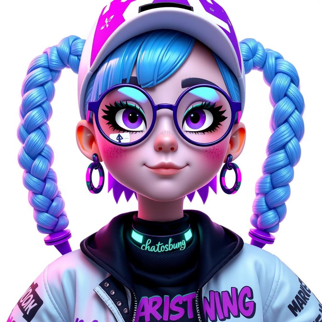 Punk Riot Character with Electric Braids, Pixar Style