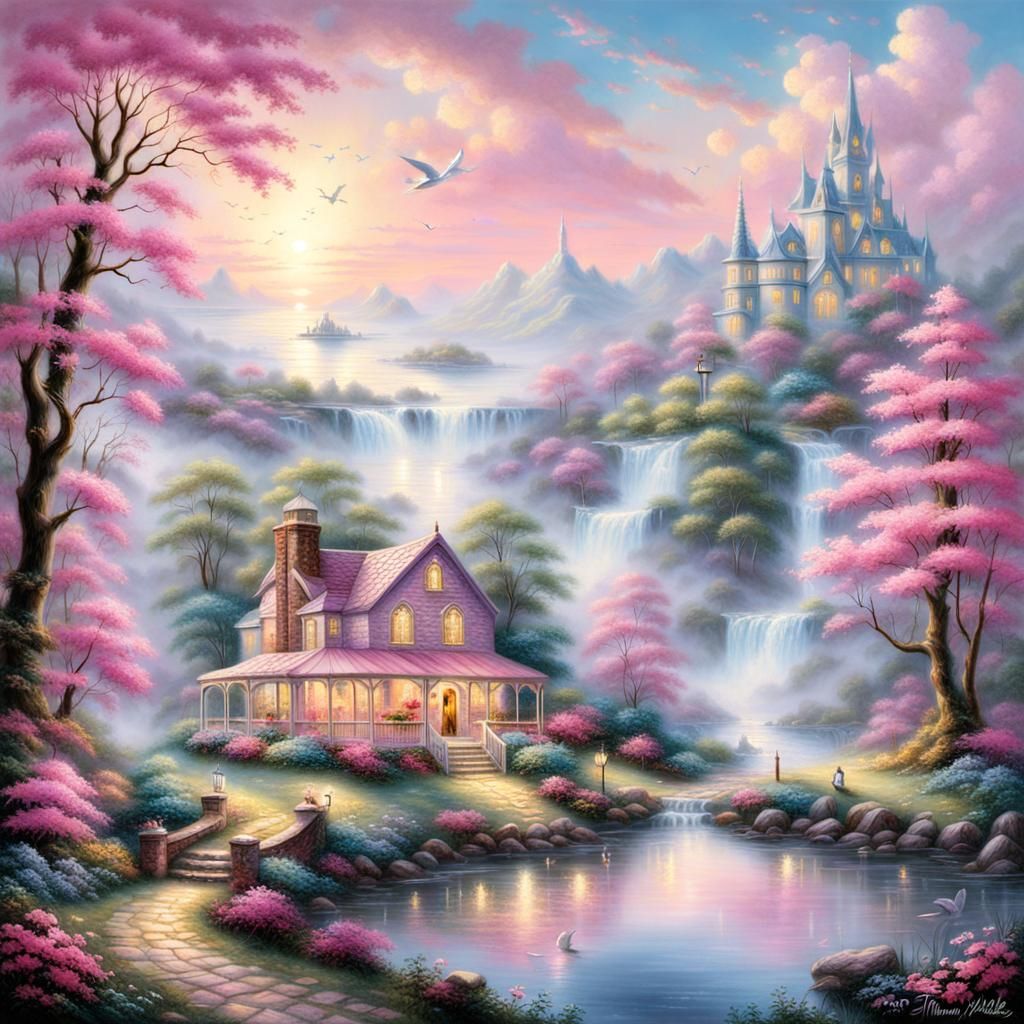 Ethereal Pink Fantasy Landscape in a Luminous Style