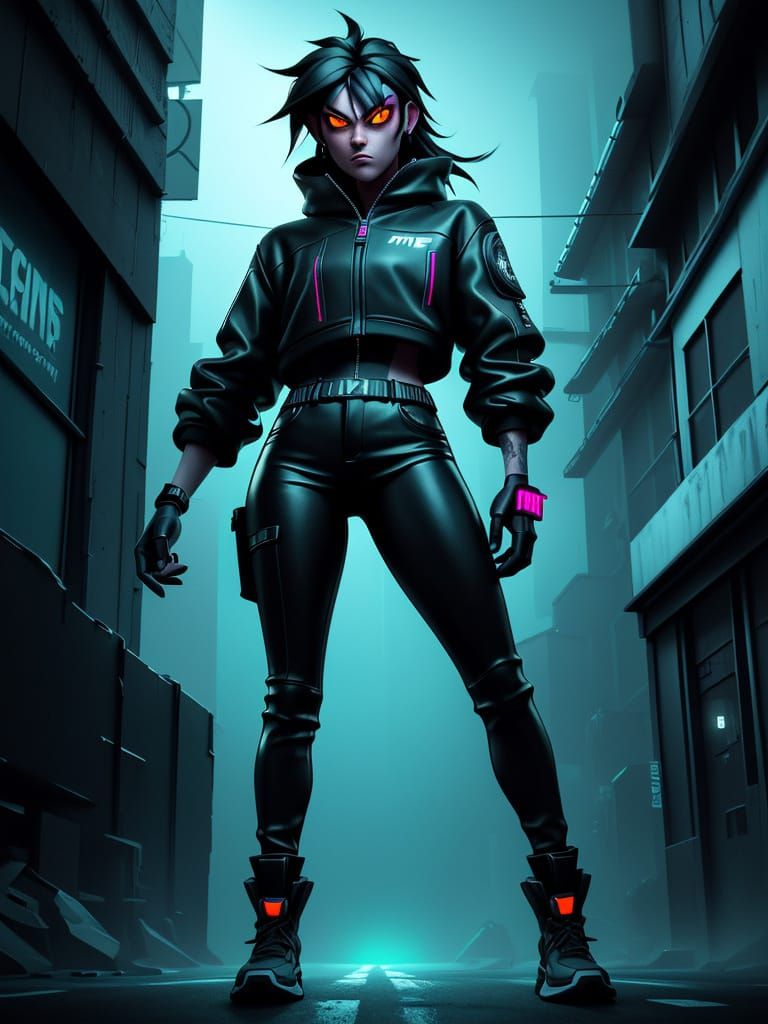 Goth Girl Leans on Sports Car in Neon City