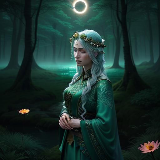 Norse Celtic Woman in Forest at Sunset, Octane Render