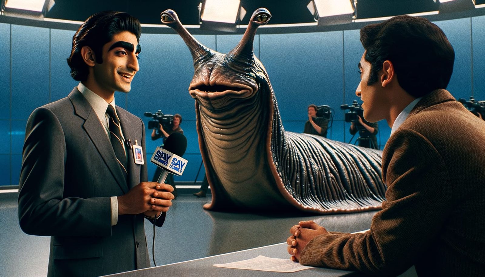 Newscaster Interviews a Slug-Like Alien Creature