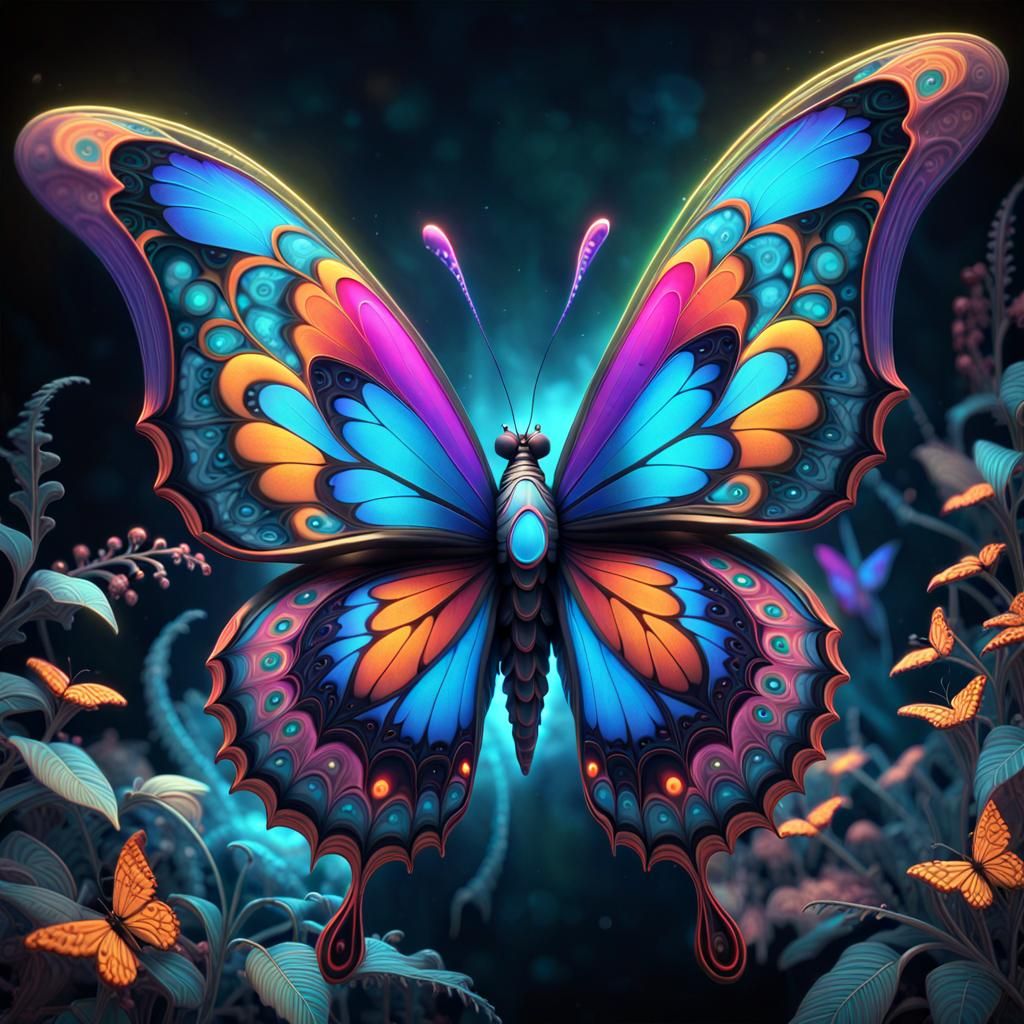 of a bioluminescent Florecent whimsical,  gothic butterfly f...