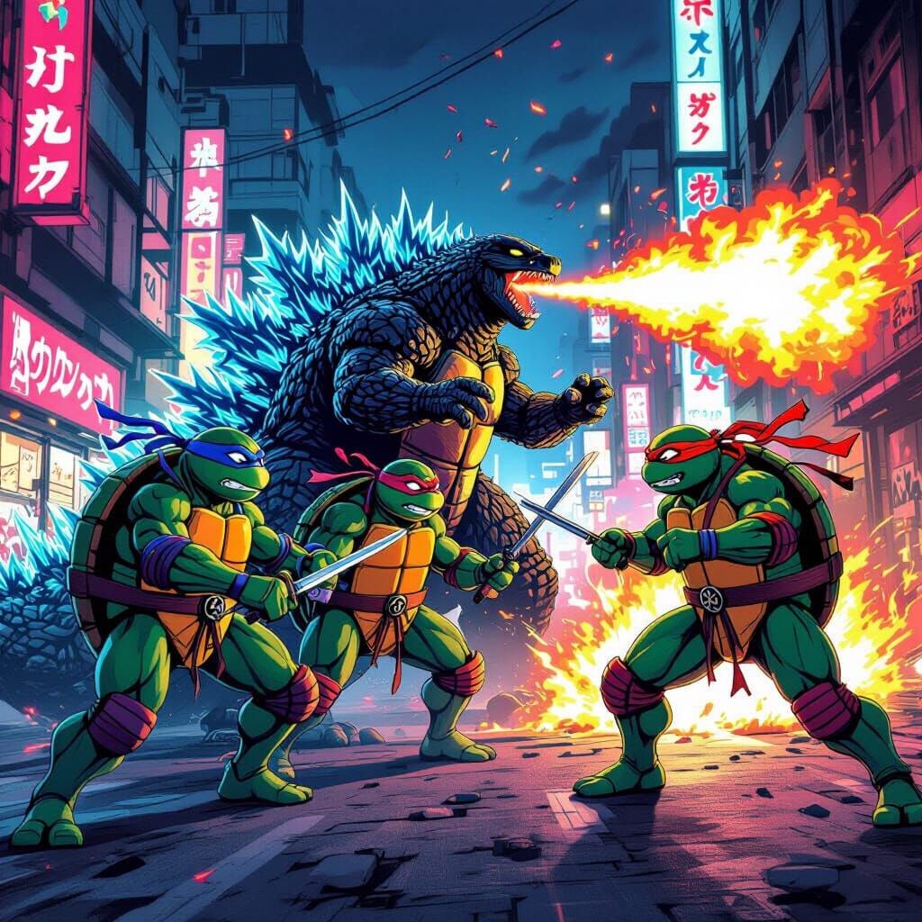 TMNT Battle Godzilla in Neon Tokyo Street Comic Style