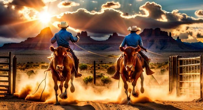 Cowboy and Cowgirl Roping a Cow in Desert