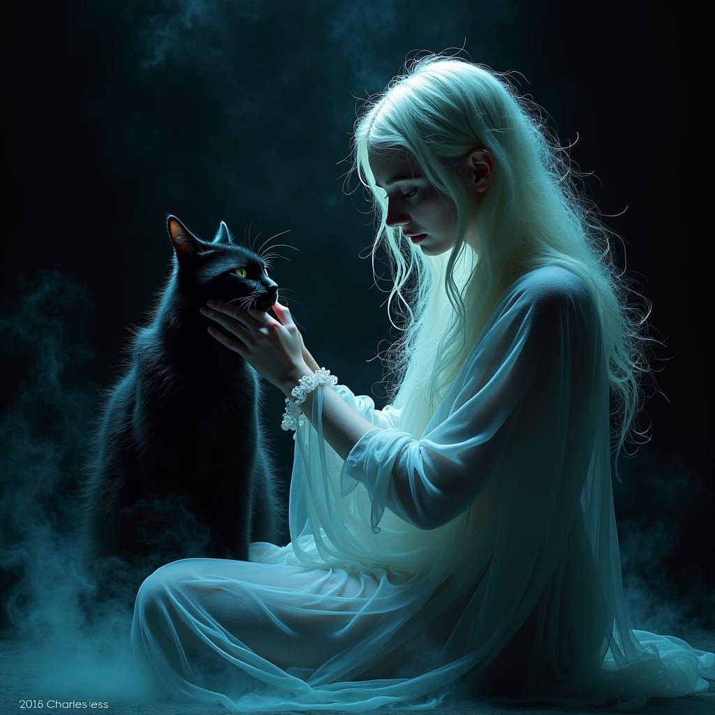 Ghostly Girl with Black Cat in Ethereal Mist