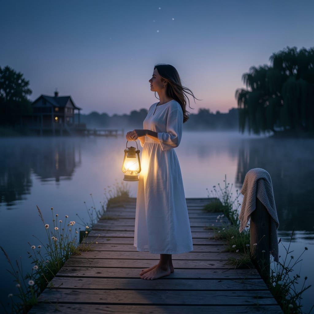 Woman on Pier at Blue Hour with Lantern