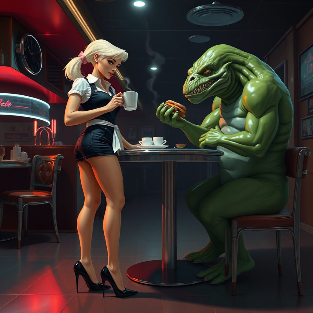 Waitress Serves Coffee to Slimy Monster in Retro Cafe