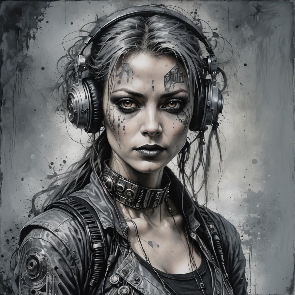 Hyperdetailed Cyberpunk DJ Portrait in Grayscale