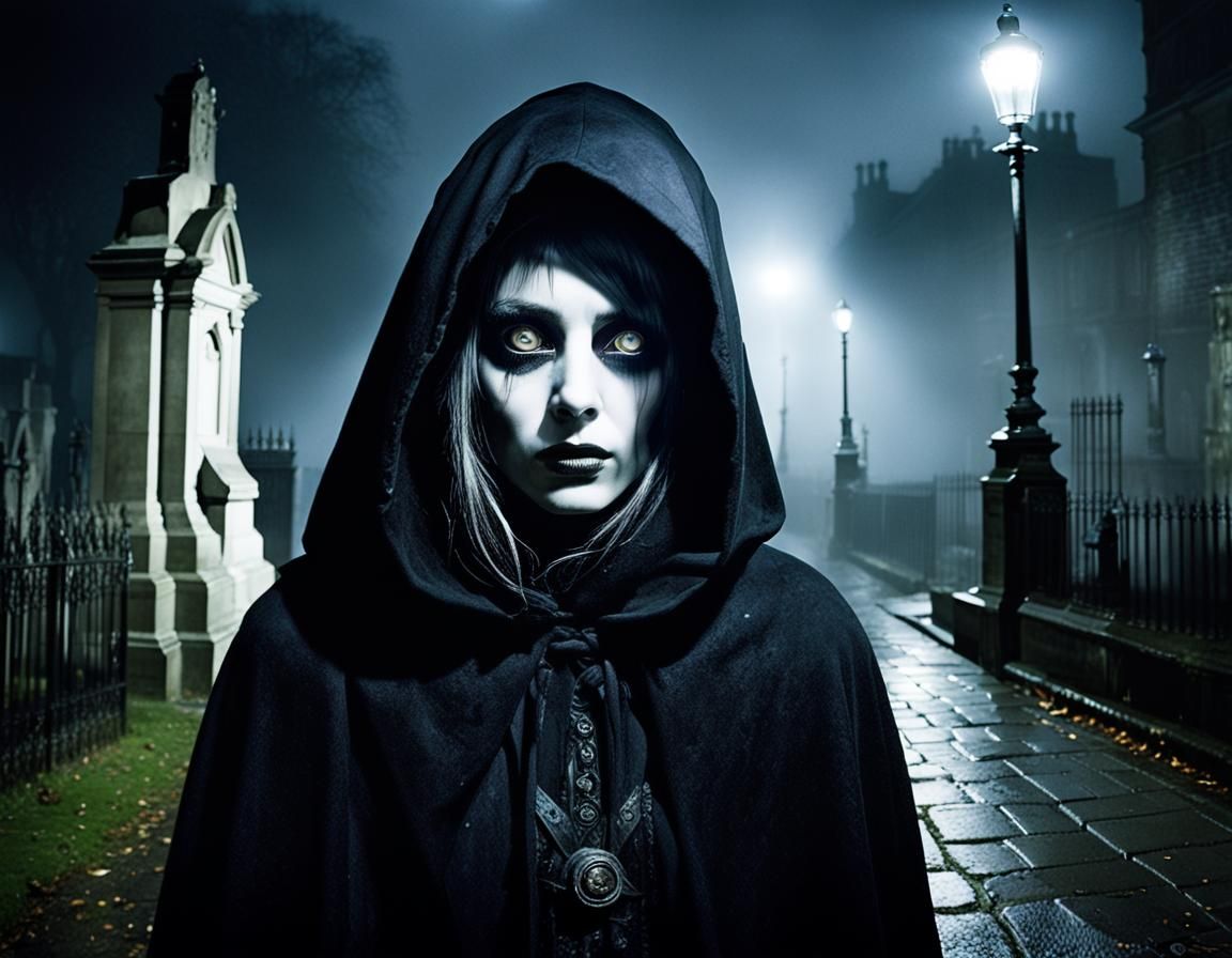 Gothic Lady in Misty Victorian London Street