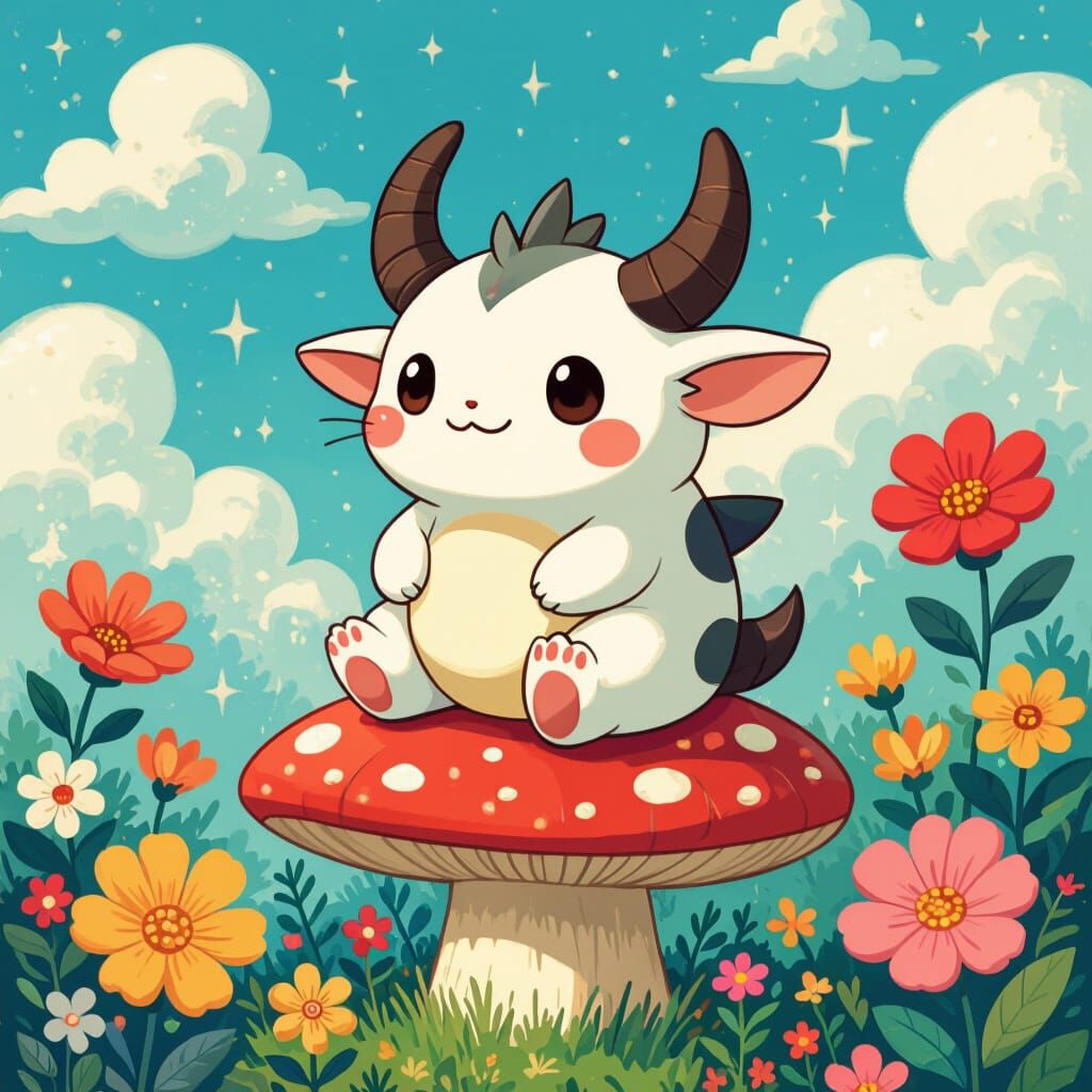 Labubu on Mushroom in Studio Ghibli Style