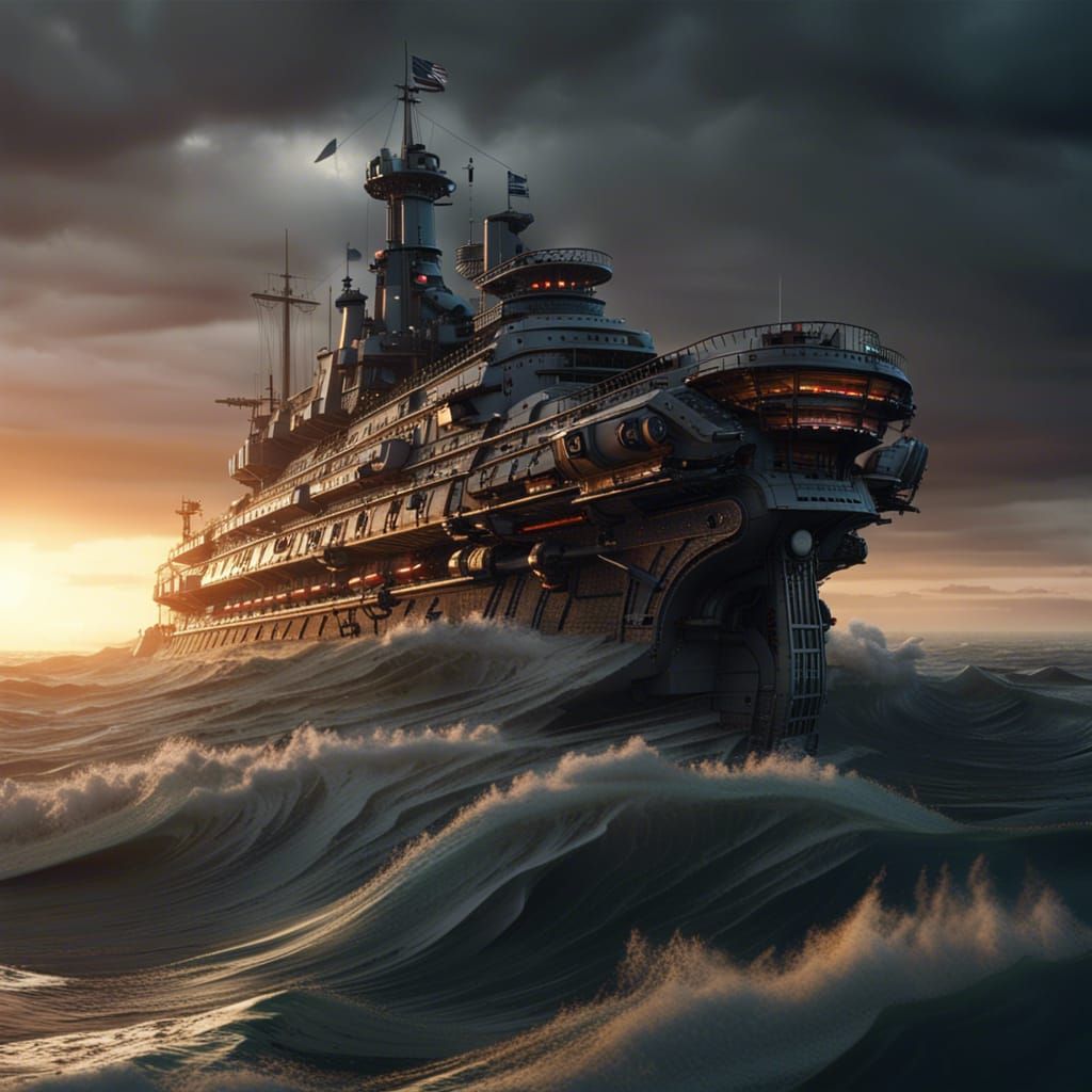 Futuristic Victorian Battleship on Stormy Seas