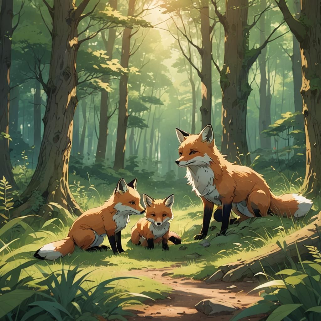 Fox and Cub in Forest Clearing: Anime Illustration