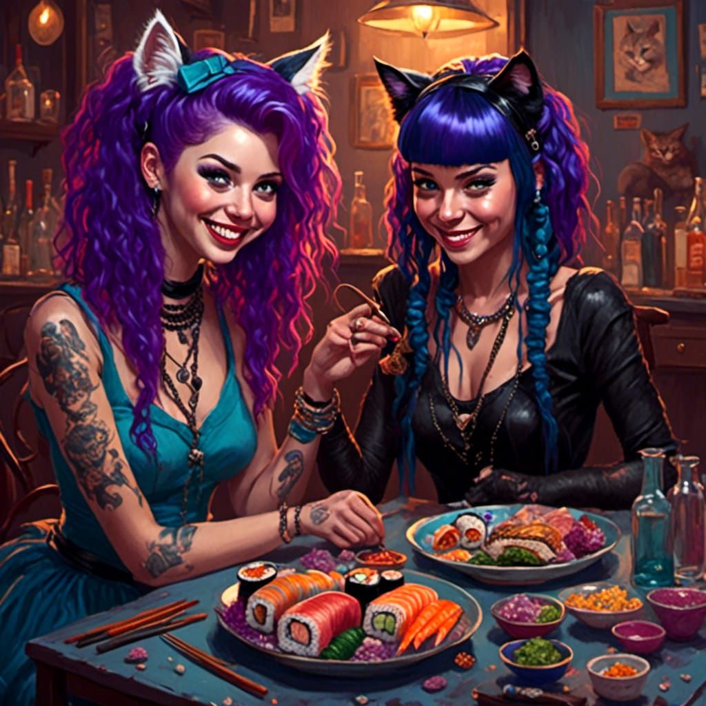 Anime Cat Girls Enjoying Sushi in Retro Rockabilly Style
