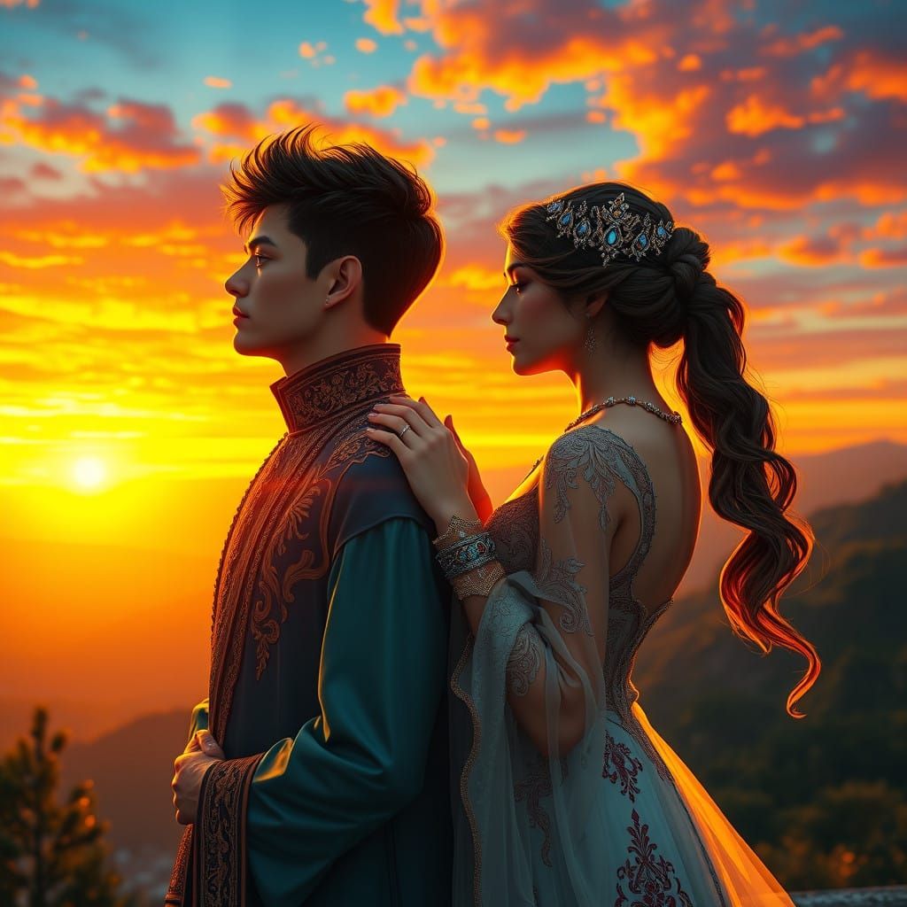 Couple Embracing Serenity in Vibrant Sunset