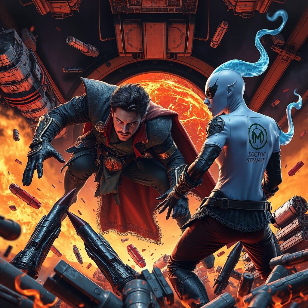 Gomora, Nebula, and Doctor Strange in Fiery Wreckage