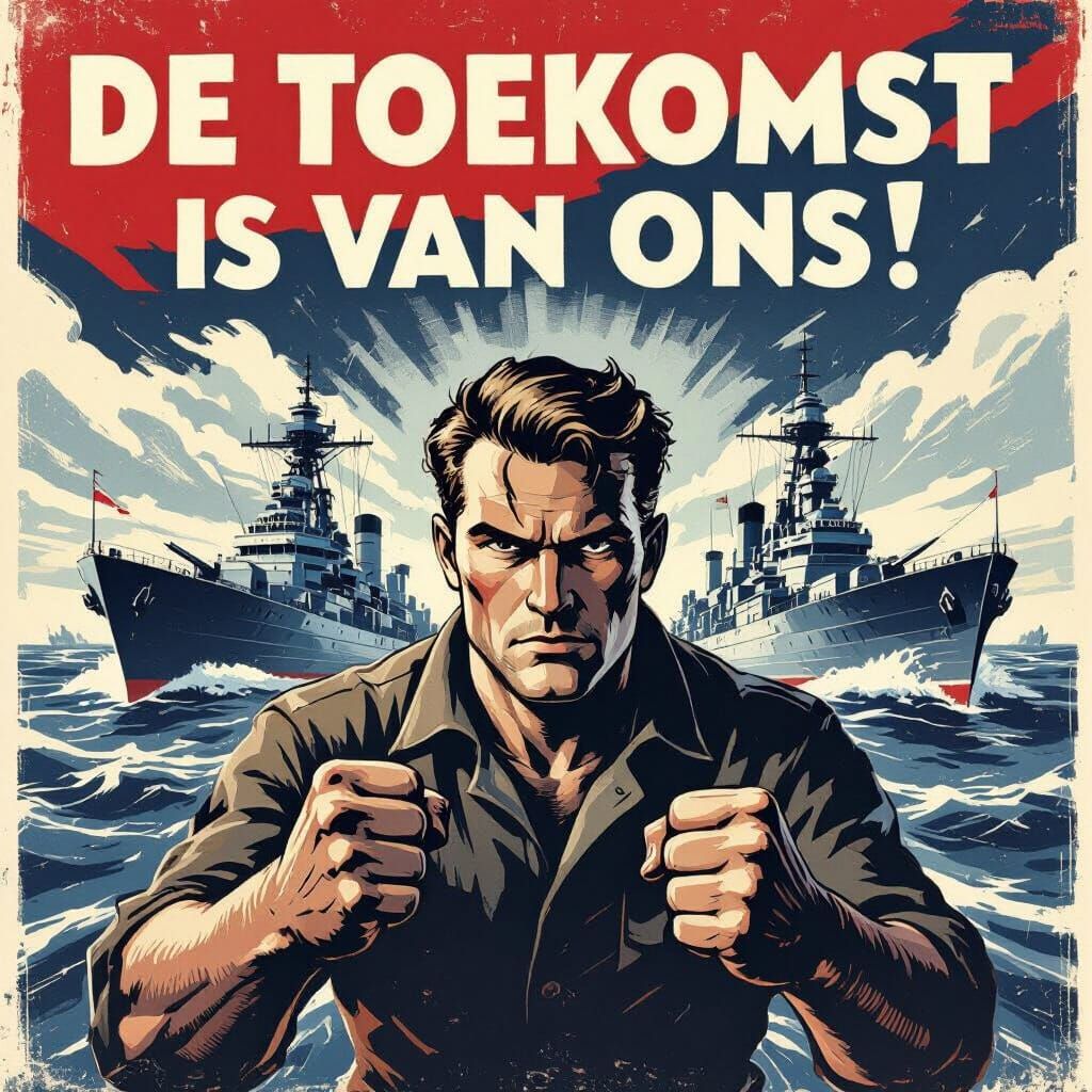 Dutch Propaganda Poster: Worker & Warships in 1940s Style