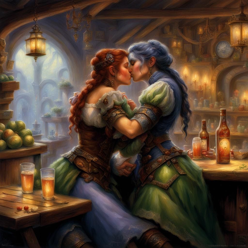 Lesbian Orcs Kiss in Ethereal Fantasy Tavern