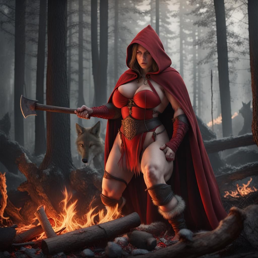 Forest scene, a wolf is spit roasting over the fire, a large and very muscular woman, wears a red hood and cloak, eatin...