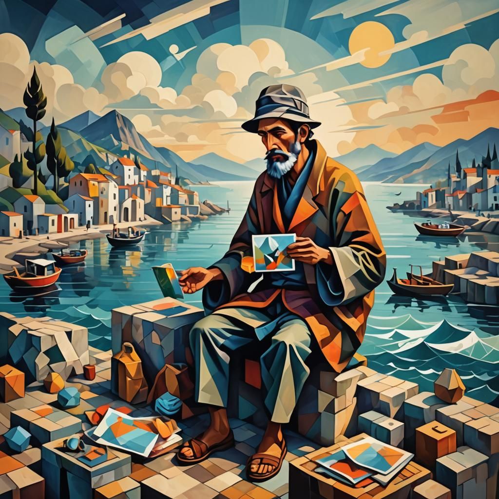 Cubist Beggar Selling Landscape Canvas, Geometric Fauvism