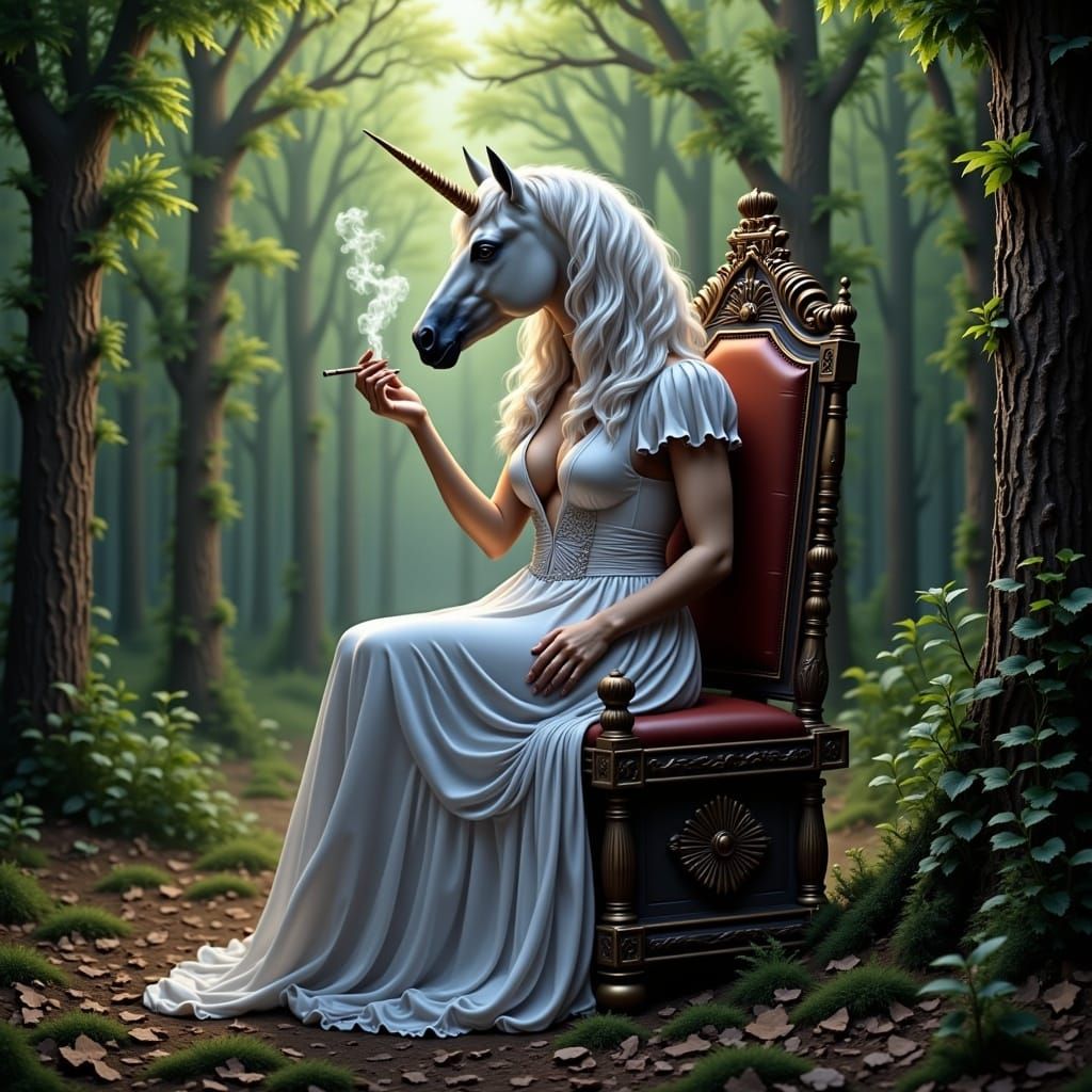 Unicorn Queen Smoking on Forest Throne