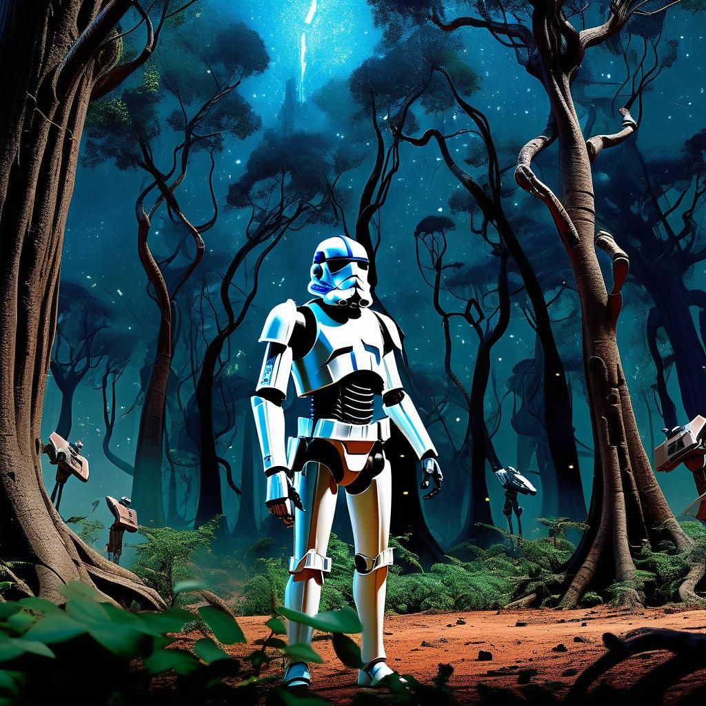 An animated style illustration of a battle-worn clone troope...