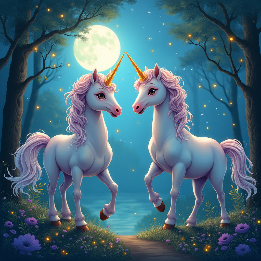 Dreamy Unicorns in Moonlit Forest: Fantasy Art