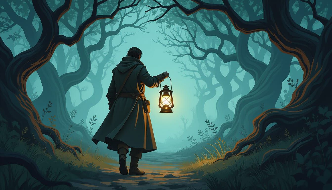 Mystical Forest Traveler in Digital Art Style