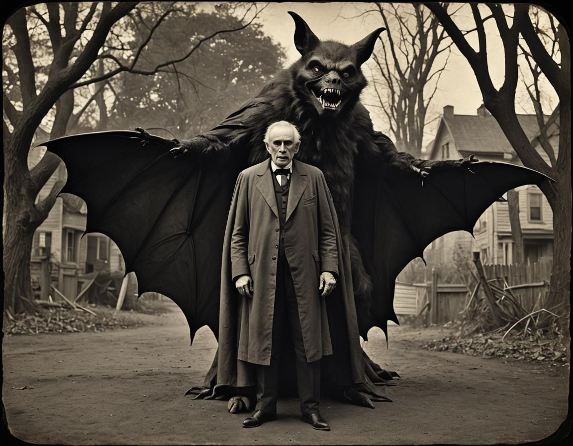 Vampire and Bat Creature in Vintage Photo Style
