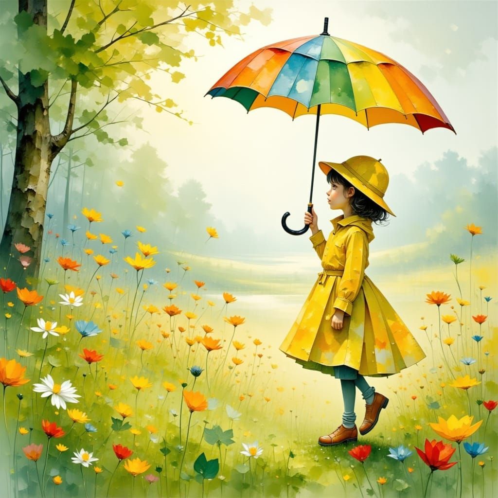 Whimsical Spring Meadow Girl in Bright Yellow Raincoat