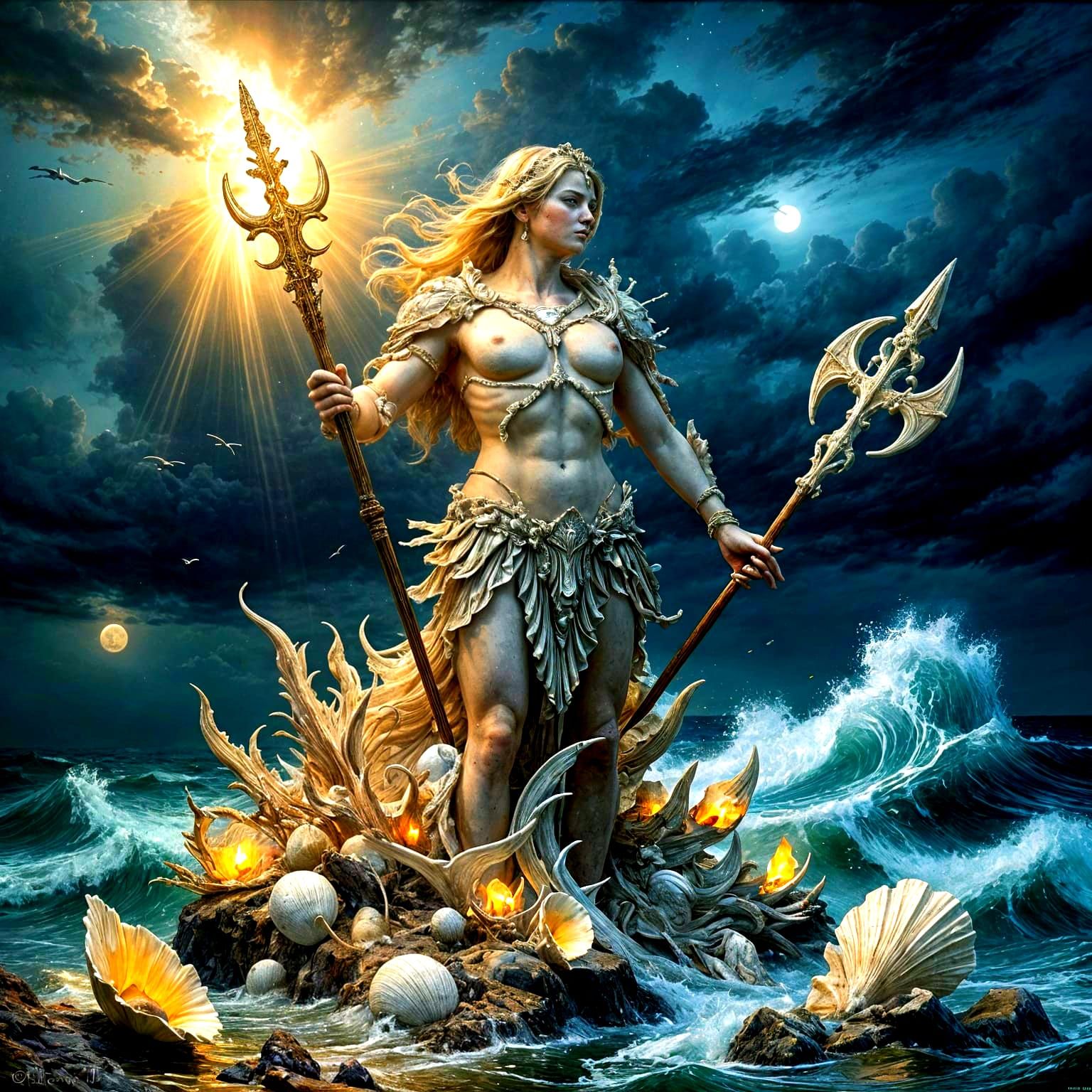 Massive Seashell Figure with Glowing Trident, Oil Painting