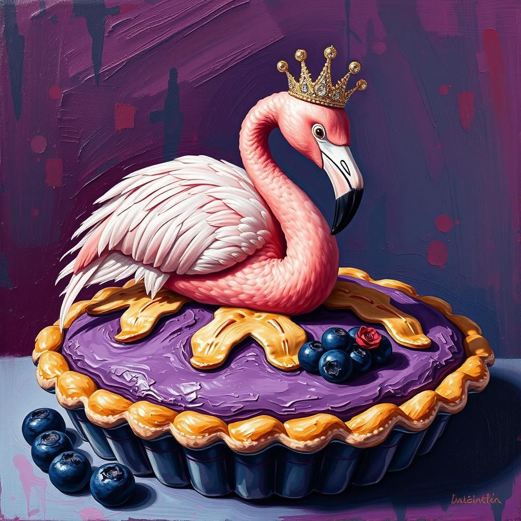Flamingo with Crown on Blueberry Pie as Impasto Painting