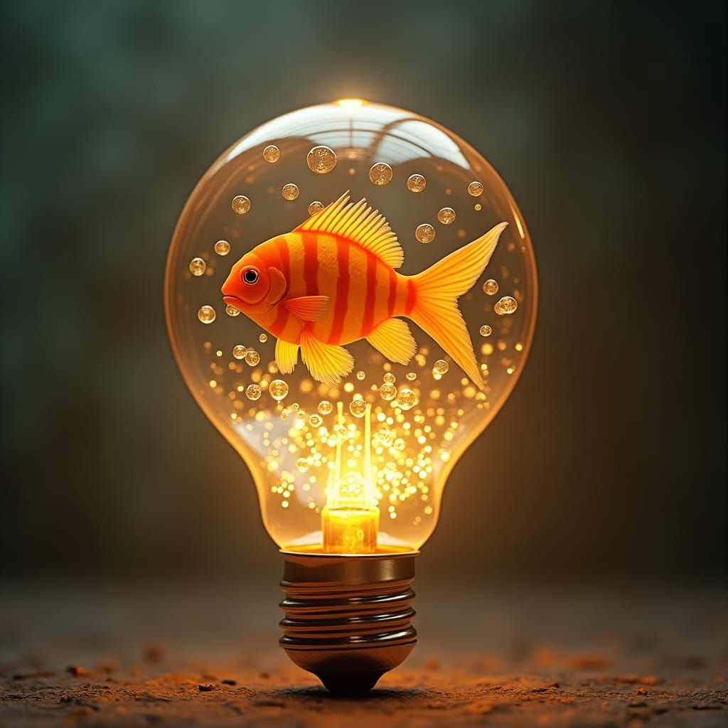 Fish Swimming in Light Bulb: Dreamlike Photorealistic Art