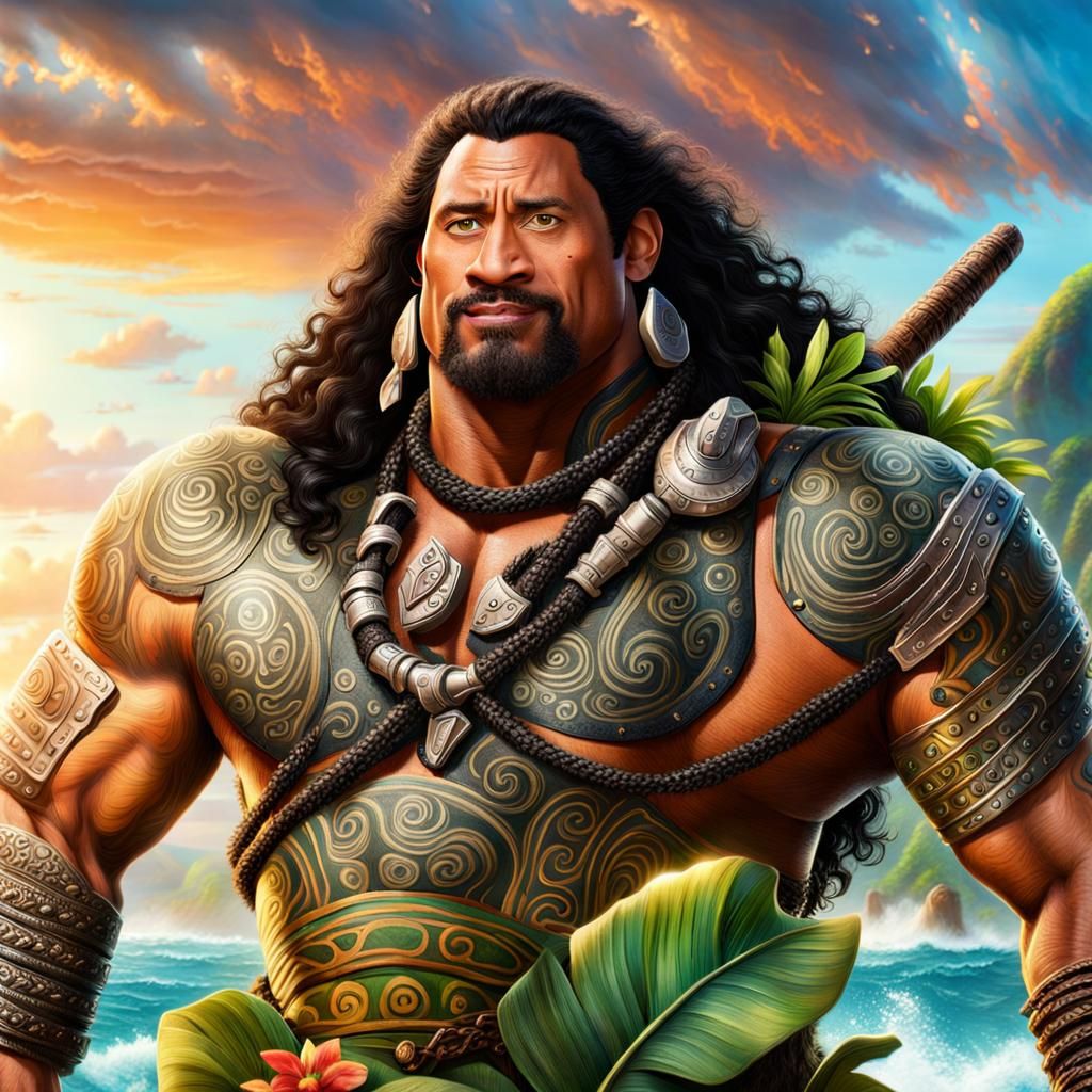 Dwayne Johnson as Maui from Moana with long bushy black curly hair