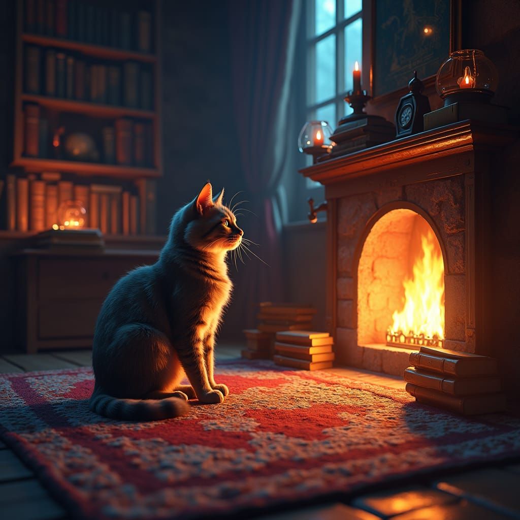 Mystical Cat by Fireplace in Fantasy Concept Art