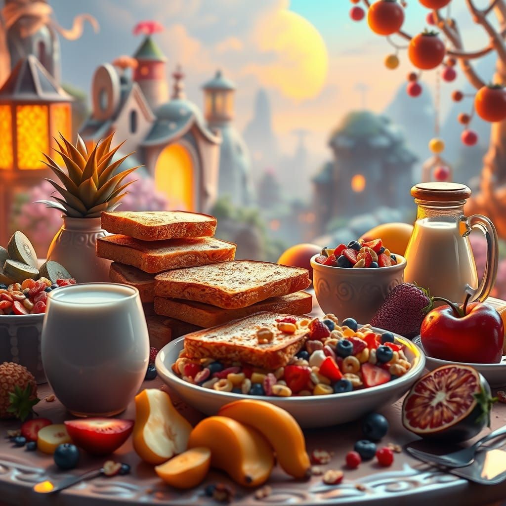 Surreal Breakfast Wonderland in Vibrant Fantasy Style
