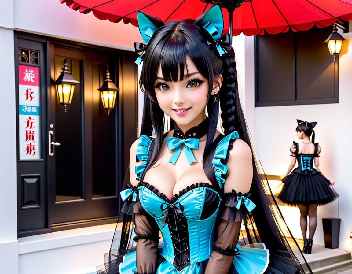 Cute Nekomimi Girl in Gothic Dress, Anime Style