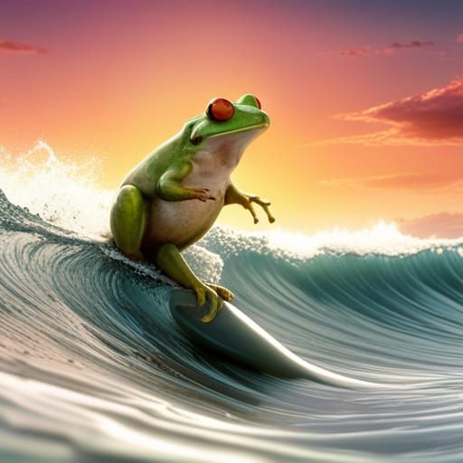 Frog Surfer Plays Guitar in Pipeline Wave