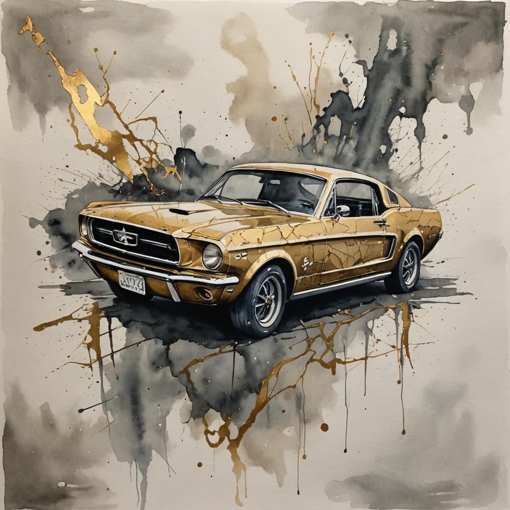 Classic Mustang Kintsugi in Watercolor and Ink