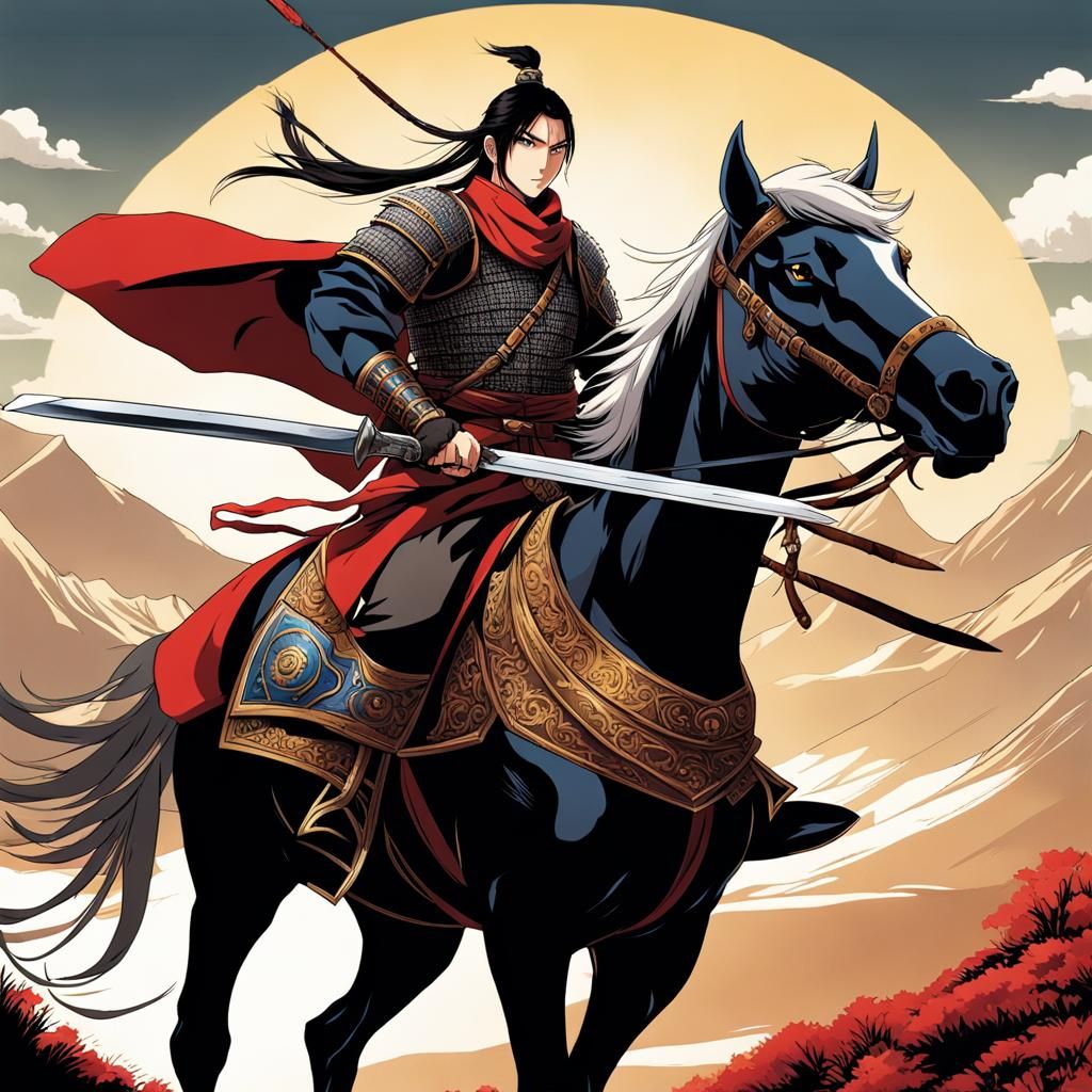 Mongol Warrior on Horseback in Anime Style