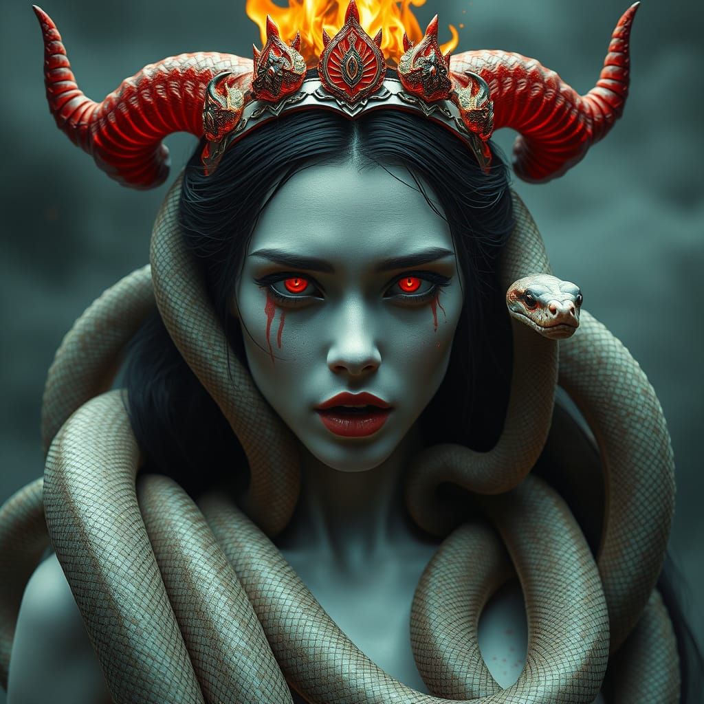 Serpentine Queen with Burning Crown in Digital Art