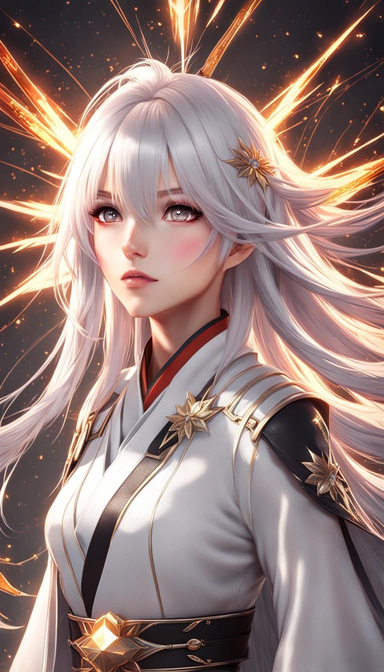 Anime Style Portrait of White-Haired Woman